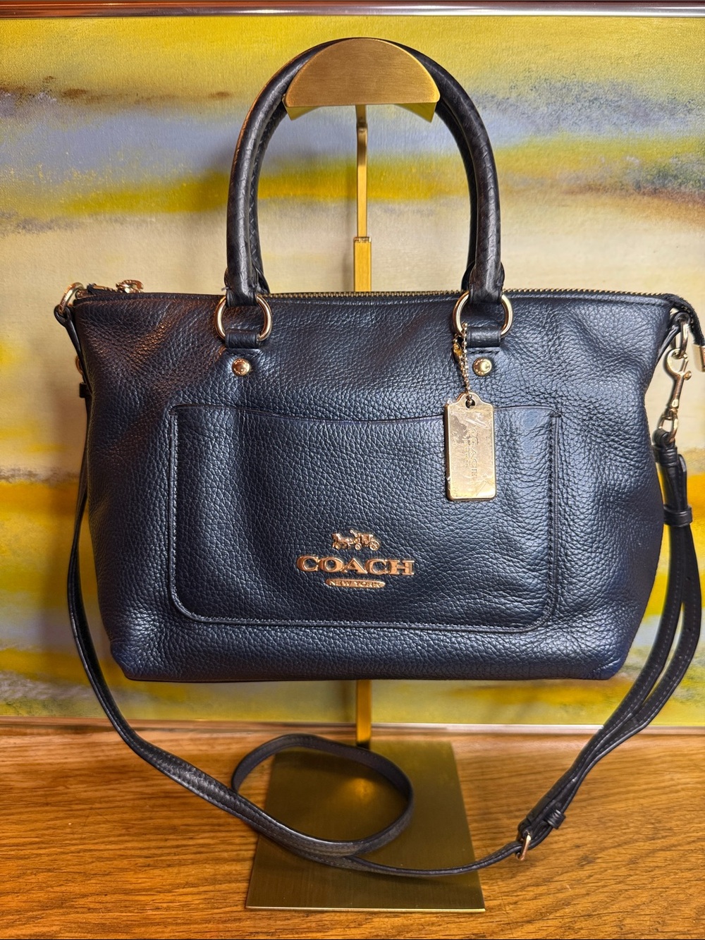 Coach F38877 Metallic Navy Pebbled Leather Satchel Crossbody EUC Hangtag